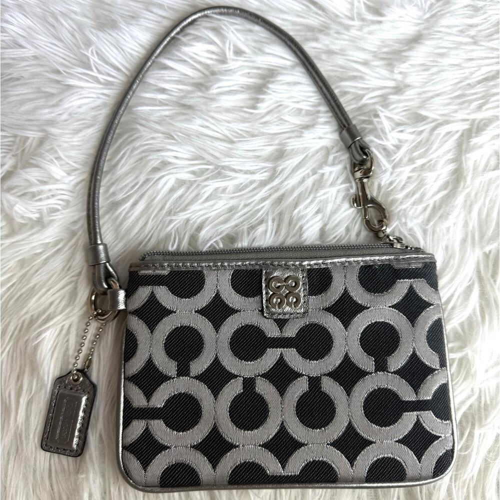 COACH Silver Gray Black Signature Canvas Wristlet